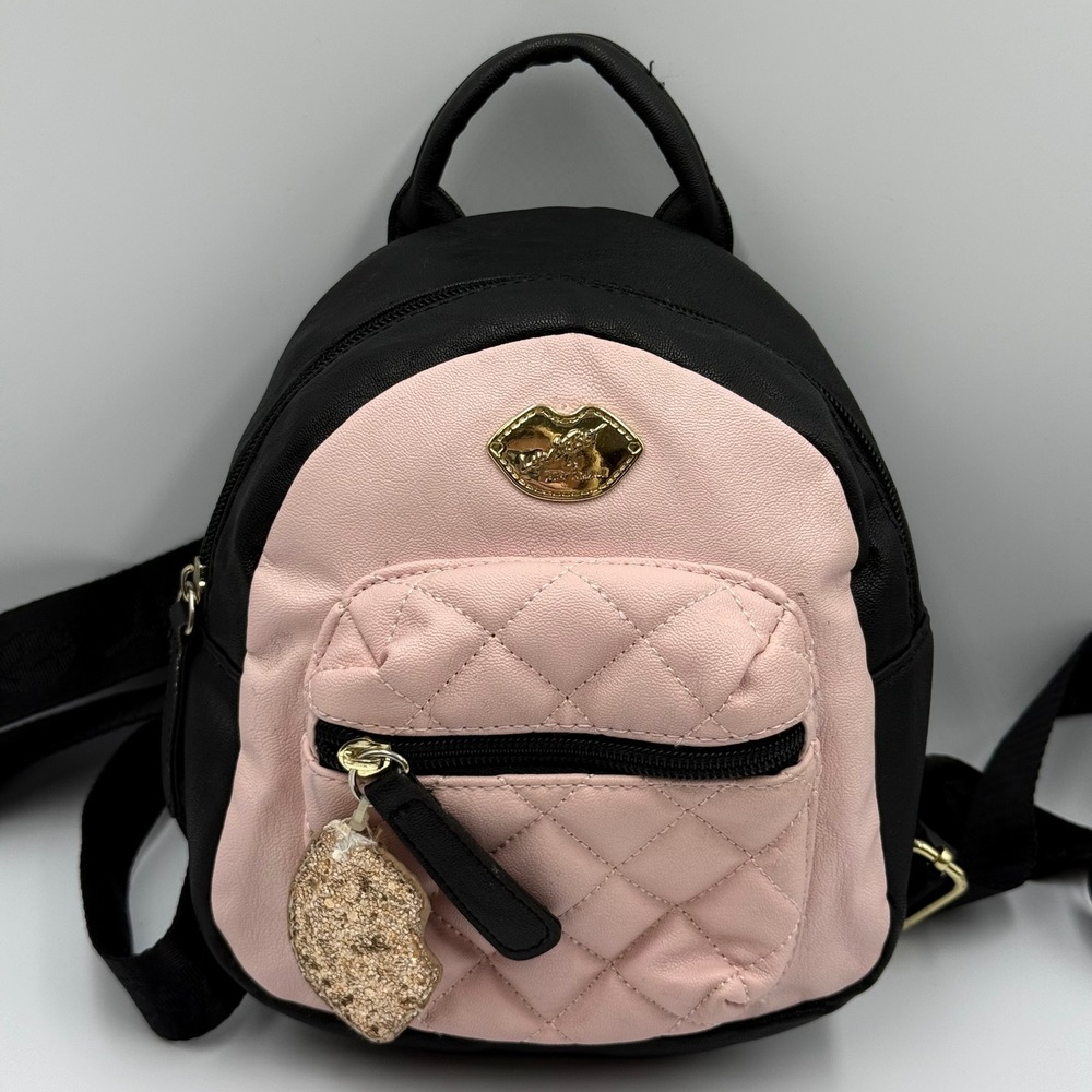 LUV Betsey by Betsey Johnson Pink Black Quilted Mini Backpack Gold Lip Charm